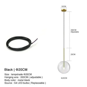Clear Glass Ball Bedside Pendant Hanging Lamp - Black Wire - 20 cm / Hanging Wire - 200 cm / Warm White - Pendant Lamp