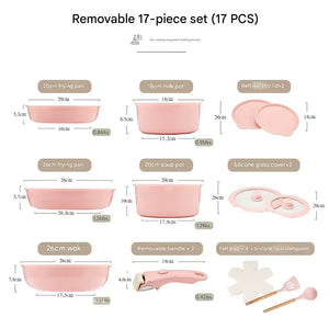 Detachable Handle Non Stick Cookware Set - Detachable 17-piece set-pink - Cookware set