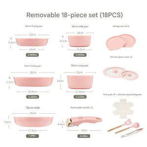 Detachable Handle Non Stick Cookware Set - Detachable 18-piece set-pink - Cookware set