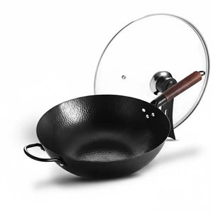 Iron Hand Forged Non Stick Uncoated Wok - Hammered wok with flat bottom + tempered lid - 34cm - Cookware set