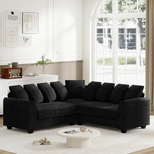 L-shaped black modular corner sofa with plush cloud comfort cushions