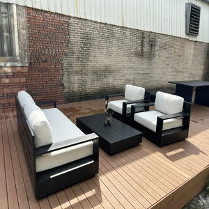 Modern aluminum 4-person outdoor sofa set showing durable material texture and contemporary design details