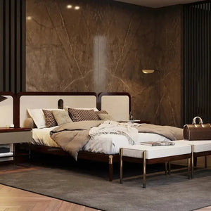 Modern dark gray wooden bed frame with padded backrest, king size