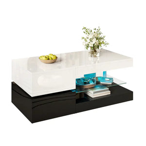 Modern LED Bluetooth Control Glass Shelf Coffee Table - White + Black - Multifunctional coffee table
