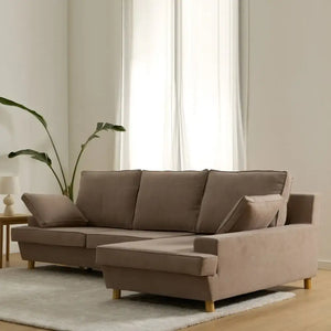 Beige L-shaped Italian sectional sofa with modern minimalist design in living room