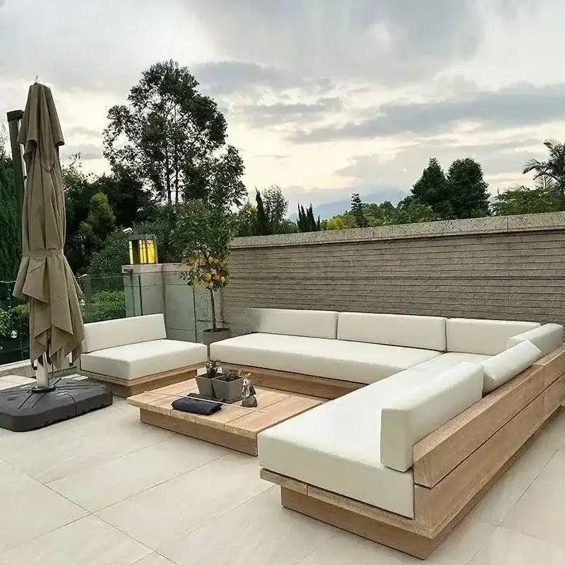 Modern Japanese Garden Sofa in neutral tones showing waterproof fabric texture and contemporary design details from side angl