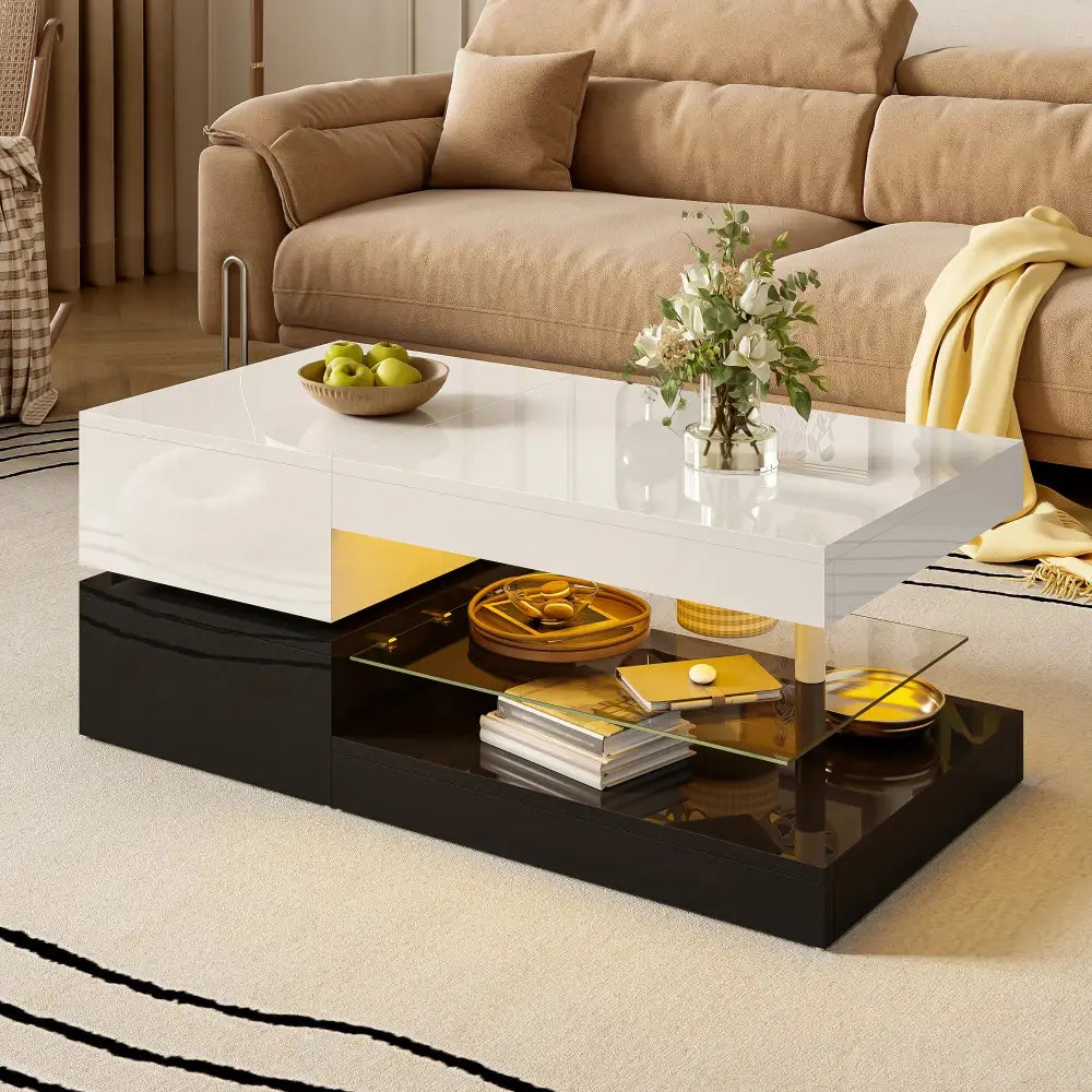 Modern LED Bluetooth Control Glass Shelf Coffee Table - Multifunctional coffee table