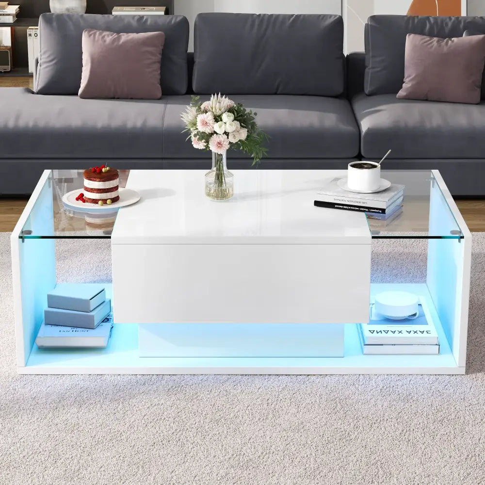 Modern LED Minimalist Drawer Glass Shelf Coffee Table - Multifunctional coffee table
