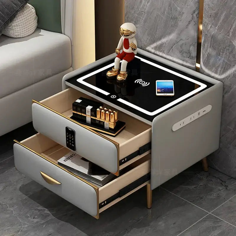 Modern LED Nightstand with Charger Drawers with Key - Bedside Table