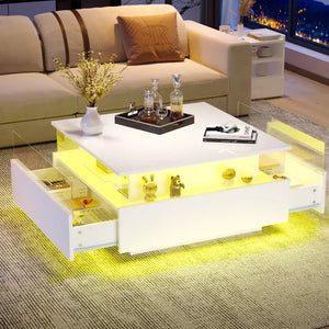 Modern LED 2 Drawers Transparent Coffee Table - White - Multifunctional coffee table
