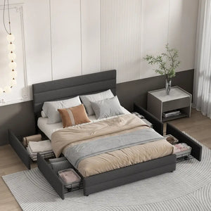 Modern Linen Fabric Storage Upholstered Bed Frame - Bedroom
