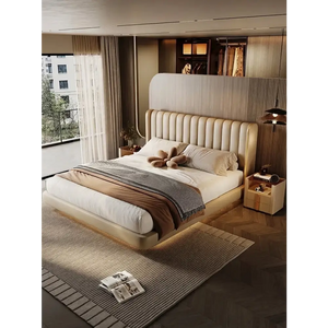Modern Luxury PU Leather Light Storage Double Bed - Beige / 150 x 200 cm - Bedroom