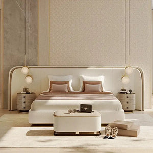 Modern Luxury Wood Crown Headboard Bed Frames - Surface Cowhide / 150 x 200 cm - Bedroom