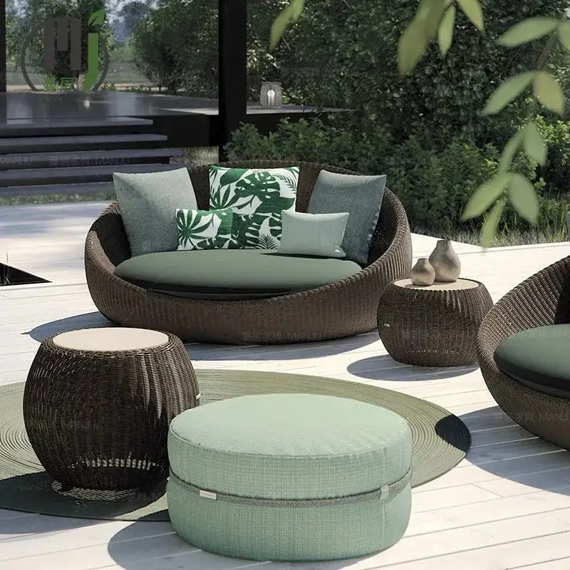 Modern rattan garden sofa set with woven all-weather material in warm brown finish