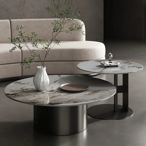 Round stone coffee table with titanium metal base for living room
