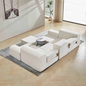 Beige compressed sectional sofa bed with modular design in living room setting