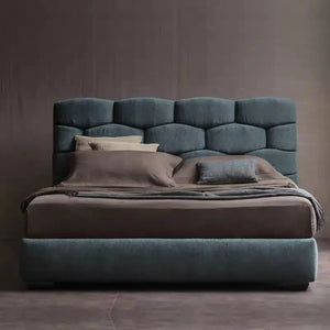 Modern upholstered bed frame with high backrest in microfiber fabric