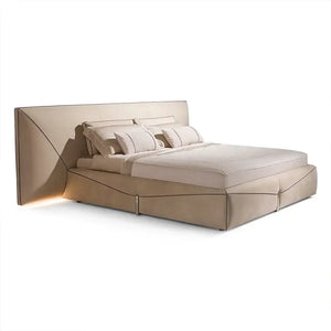 Modern Upholstered Headboard Soft Leather Bed Frame - Beige - Bedroom