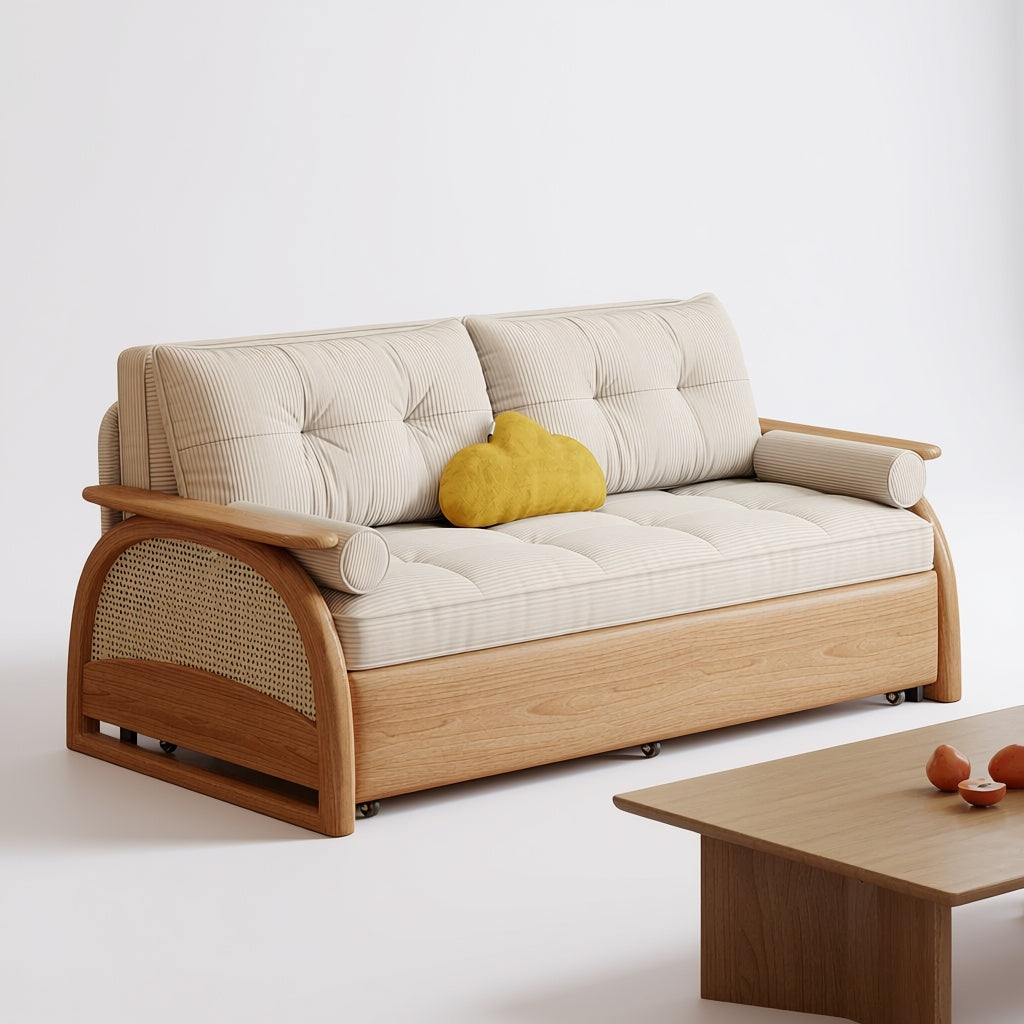 Nordic Solid Wood Sofa Bed with Storage, Removable Cream Linen Cover