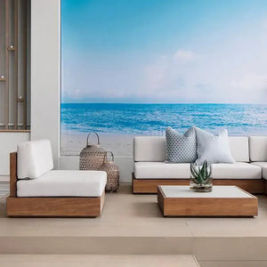 Premium teak outdoor sofa set with waterproof cushions and coffee table