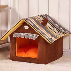 Striped coral fleece pet house bed in brown soft faux fur material
