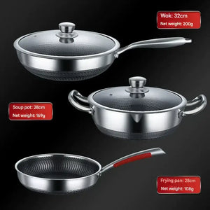 Stainless Steel Non Stick Frying Pan Cookware Pot Set - Wok + frying pan + soup pot three-piece set - Cookware set