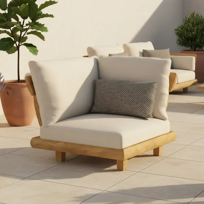 Teak outdoor sofa set modular lounge suite showing close up wood grain texture and waterproof cushion detail