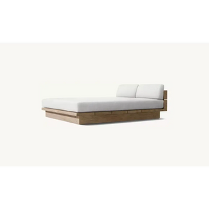 Teak outdoor sofa set showing waterproof cushion material and natural wood grain detail