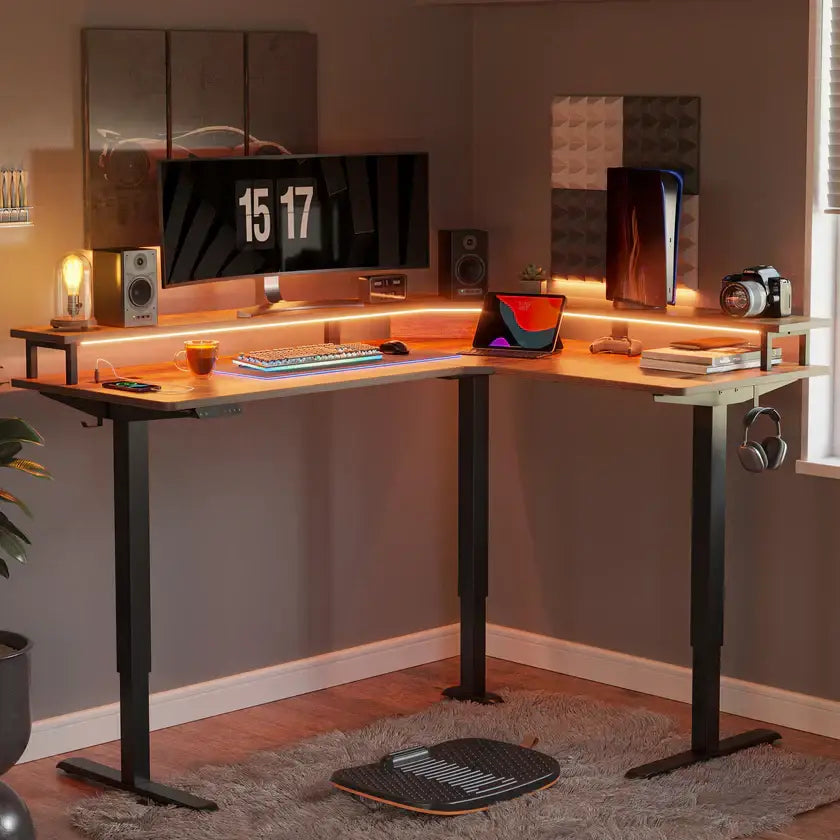 Triple Motor L-Shaped Standing Desk with Ambient Light & - Desk > Gaming Desk