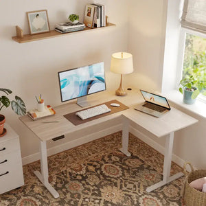 Triple Motor L-shaped Standing Desk - Light Walnut / 63’’ x 48’’ - Desk > Standing Desk > L Shaped Standing Desk