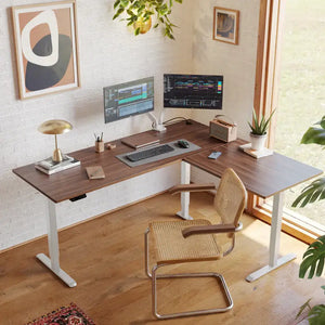 Triple Motor L-shaped Standing Desk - Black Walnut / 63’’ x 48’’ - Desk > Standing Desk > L Shaped Standing Desk