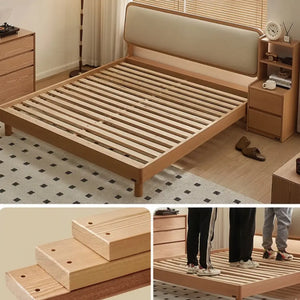 Wood Board Bed Frame with Upholstered Backrest and Bedside Table - view 4