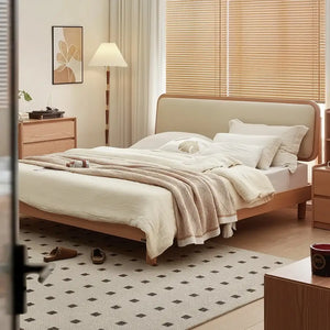 Wood Board Bed Frame with Upholstered Backrest and Bedside Table