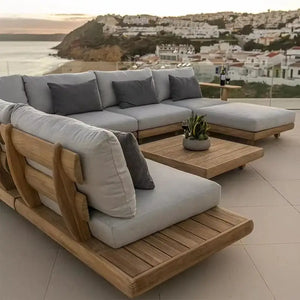 Beige wood L-shaped modular sofa with waterproof functionality and versatile seating arrangement