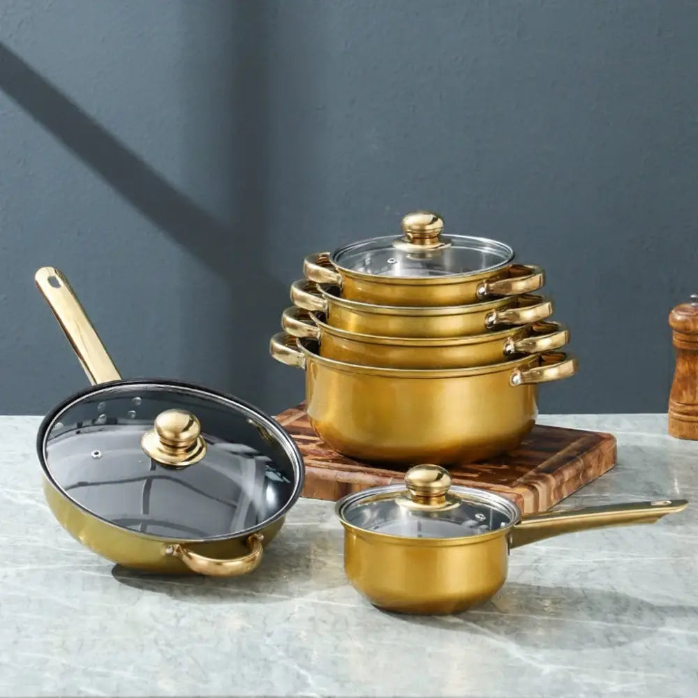 12 Piece Stainless Steel Glass Lid Non Stick Cookware Set - 12 pcs - Gold Silver - Cookware set