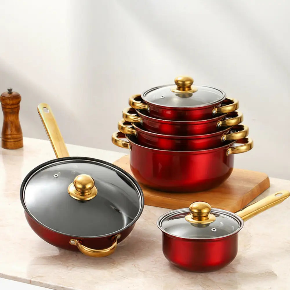 12 Piece Stainless Steel Glass Lid Non Stick Cookware Set - 12 pcs - Red Silver - Cookware set