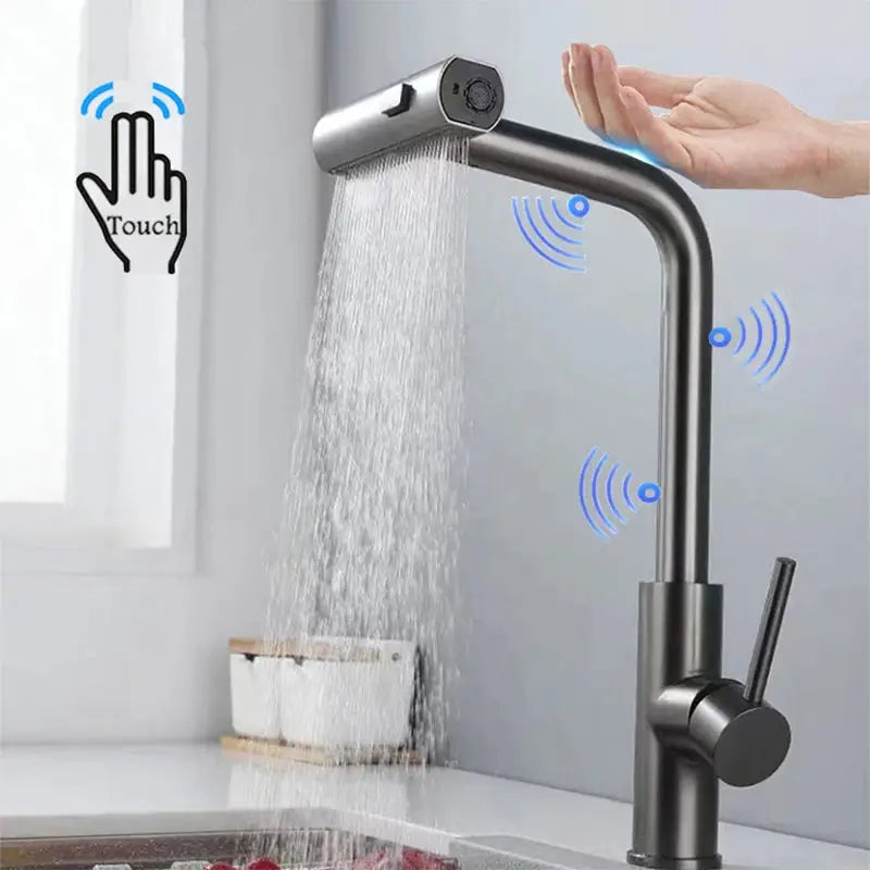 3 Mode Waterfall Crane Sensor Pull Out Sink Faucet - Gray - With Sensor / G1/2 - Kitchen Faucets