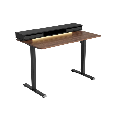 Escritorio eléctrico de pie con doble cajón y tablero de cristal