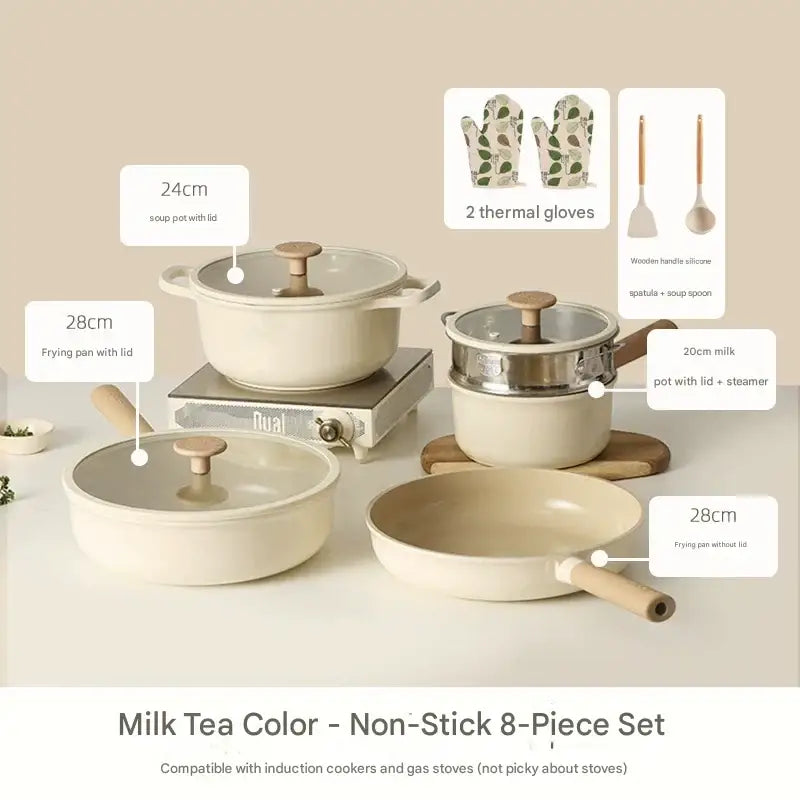 8 Piece Ceramic Non Stick Cookware Pot Pan Set - Tea color non-stick pan 8-piece set - Cookware set
