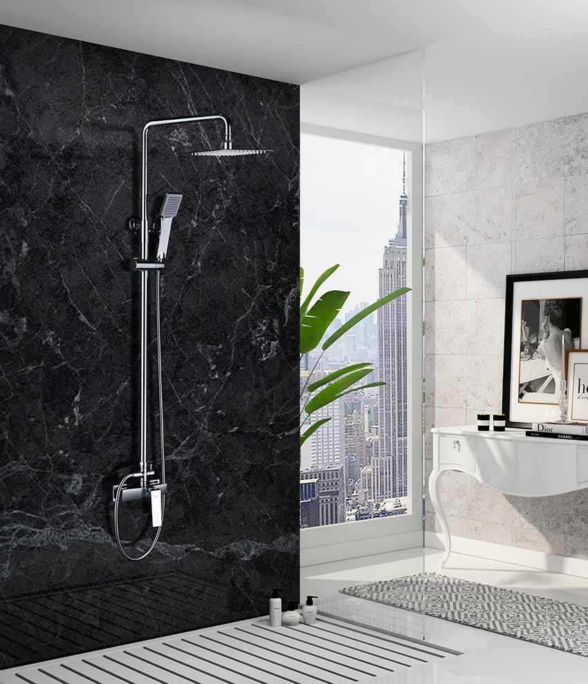 Chrome Single Handle Shower Set Modern Minimalist Design, in a bathroom setting