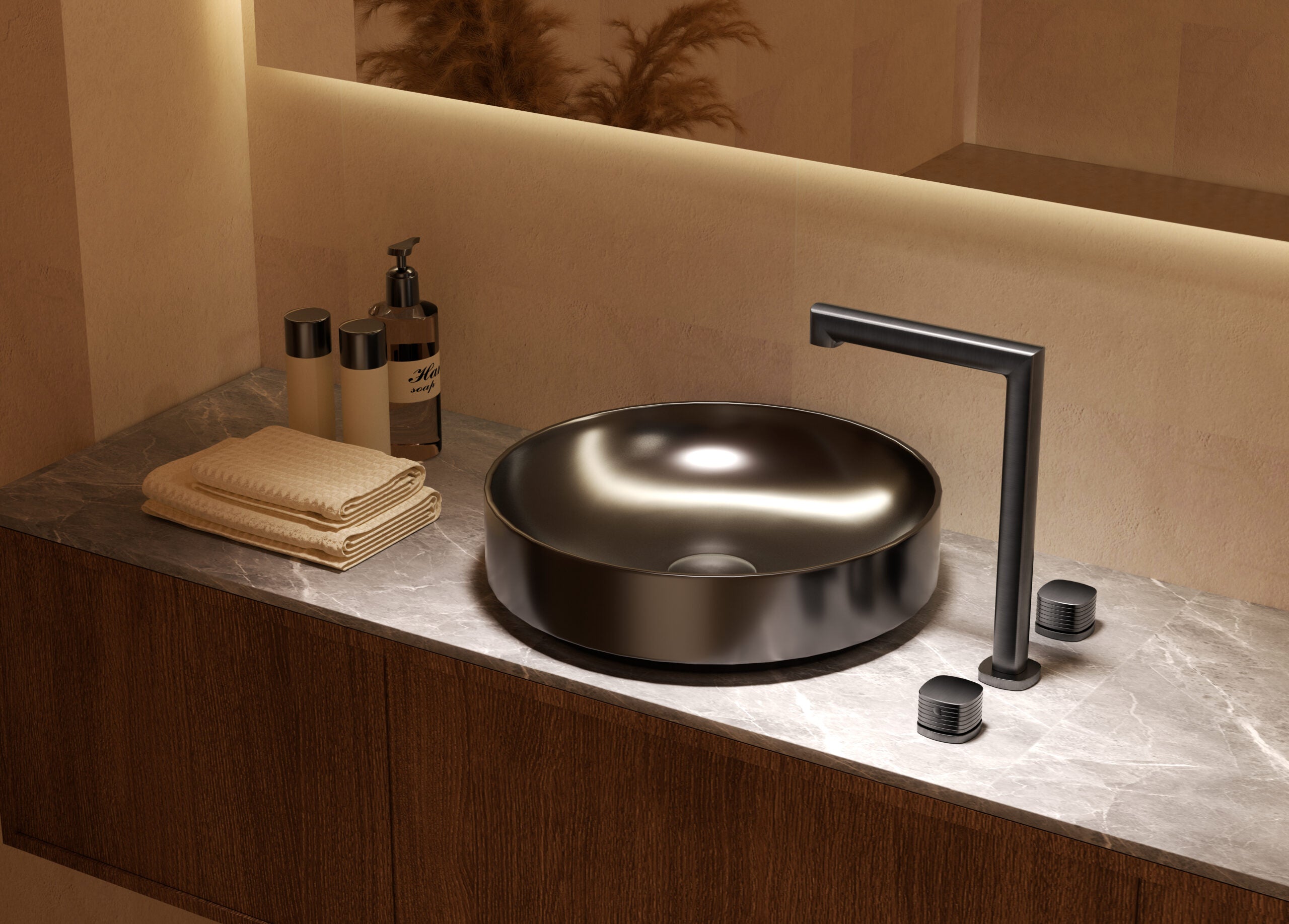 Firenze Chrome Tall Spout Countertop Two Handle Basin Mixer, in a bathroom setting