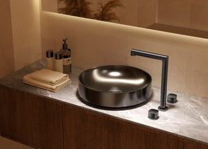 Firenze Chrome Tall Spout Countertop Two Handle Basin Mixer, in a bathroom setting