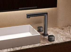 Firenze Chrome Low Spout Countertop Two Handle Basin Mixer, detail view