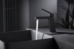Matte Black Single Lever Sink Faucet Modern Design, in a bathroom setting