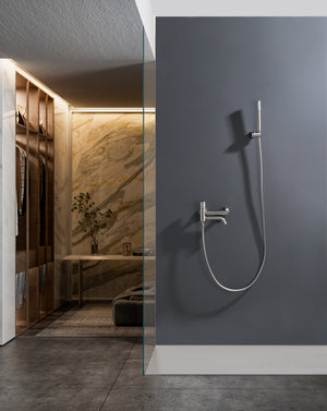 Bless Brushed Nickel Single Lever Bath and Shower Kit, in a bathroom setting