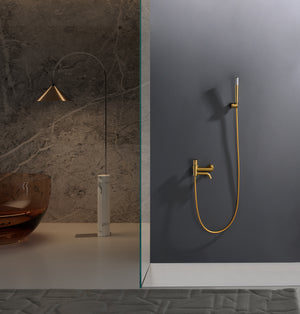 Bless Brushed Gold Single Lever Bath and Shower Kit, in a bathroom setting