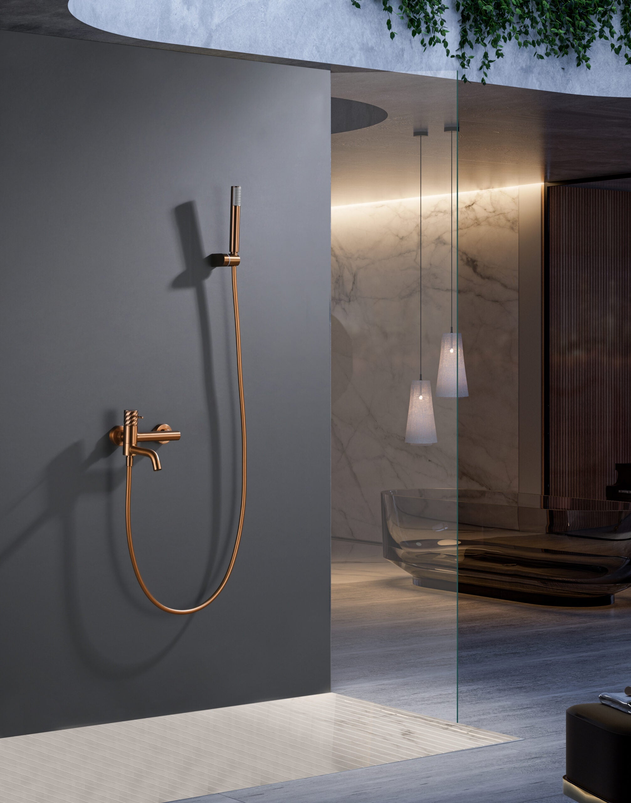 Bless Brushed Rose Gold Single Lever Bath and Shower Kit, in a bathroom setting