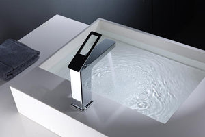 Chrome Single Lever Basin Mixer Faucet Nordic Design, in a bathroom setting