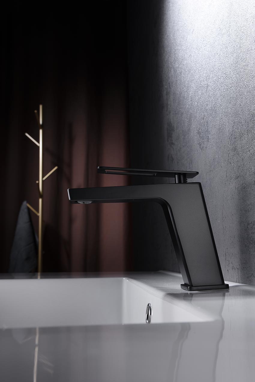 Valencia Matte Black Basin Mixer Sweden Series, in a bathroom setting