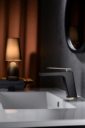 Black and Gold Single Lever Basin Faucet Modern Design, in a bathroom setting